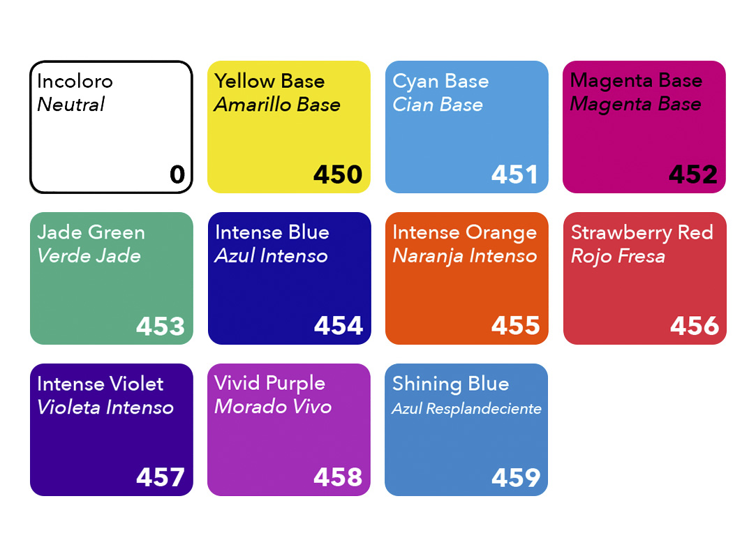 IncoloroNeutralYellow BaseAmarillo BaseCyan BaseCian BaseMagenta BaseMagenta Base450451452Jade GreenIntense BlueIntense OrangeStrawberry RedVerde JadeAzul IntensoNaranja IntensoRojo Fresa453454455456Intense VioletVivid PurpleVioleta IntensoMorado VivoShining BlueAzul Resplandeciente457458459